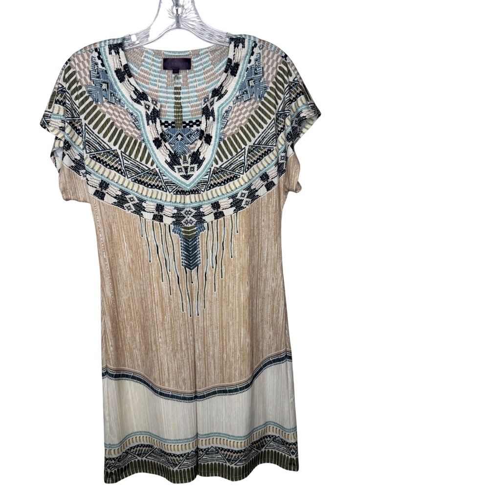 Hale Bob Womens Small Geometric Tribal Print Short Sleeve Shift Dress Boho